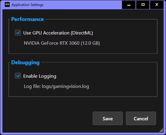 Application Settings window showing GPU acceleration toggle with detected graphics card info, and debugging options including enable logging checkbox with log file path